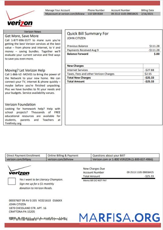 Downloadable USA Verizon utility bill template in Word and PDF format